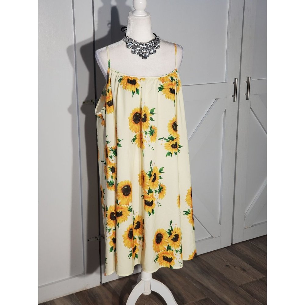 Sunflower-Print Cream Midi Dress with Spaghetti Straps
